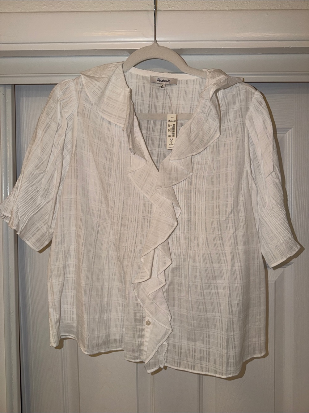 Madewell White Ruffle-Front Short Sleeve Blouse